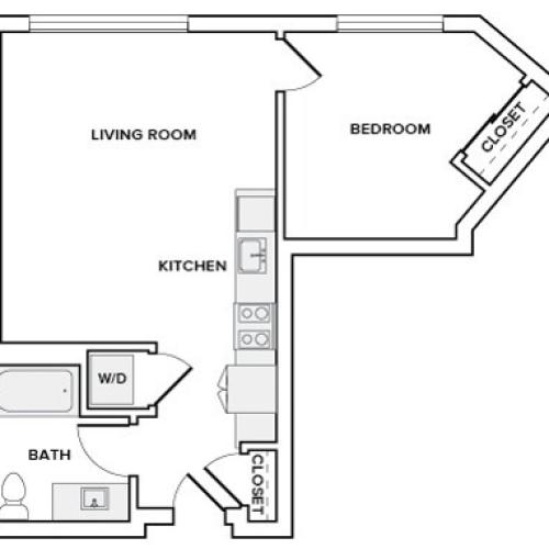 625 to 634 square foot one bedroom one bath apartment floor plan image in Redmond, WA