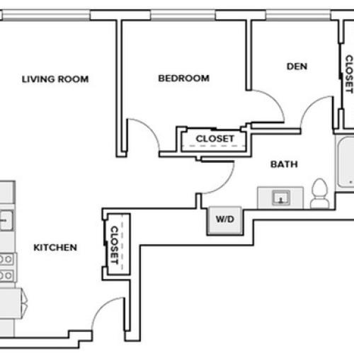 779 square foot one bedroom one bath with den apartment floor plan image in Redmond, WA