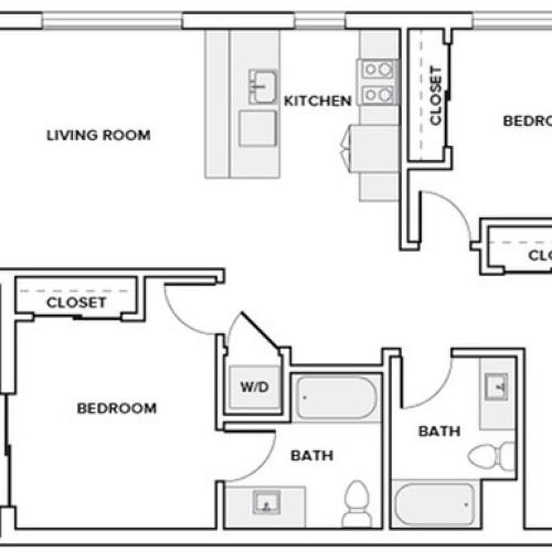 1037 to 1042 square foot two bedroom two bath apartment floor plan image in Redmond, WA