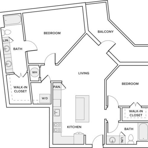 1095 square foot two bedroom two bath apartment floor plan in Frisco, TX