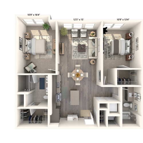 1141 square foot two bedroom two bath apartment floorplan image