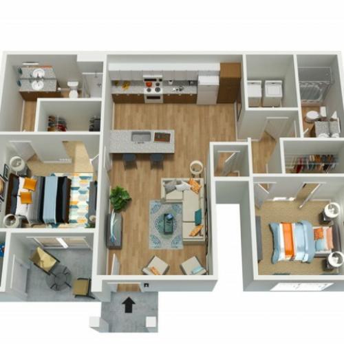 with full size washer a dryer, granite counter tops, and modern finishes.