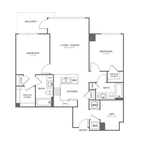 Two Bedroom Two Bath With Den (1,088 SF)