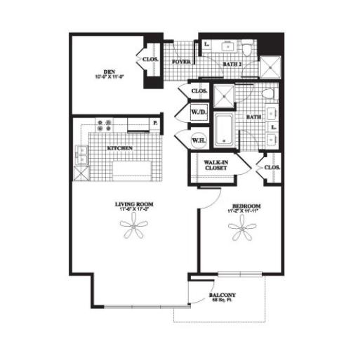 One Bedroom One Bath With Den (1,017 SF)