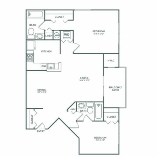Two Bedroom Two Bath (937 SF)