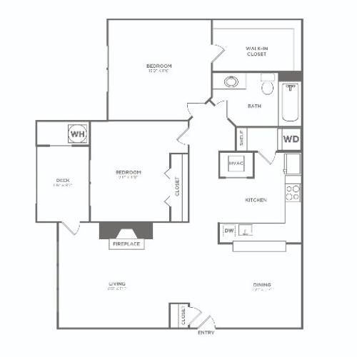 B2-RP | 2 bed 1 bath | 967 sq ft