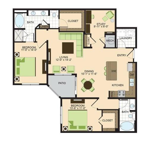 B3 | 2 bed 2 bath | 1406 sq ft