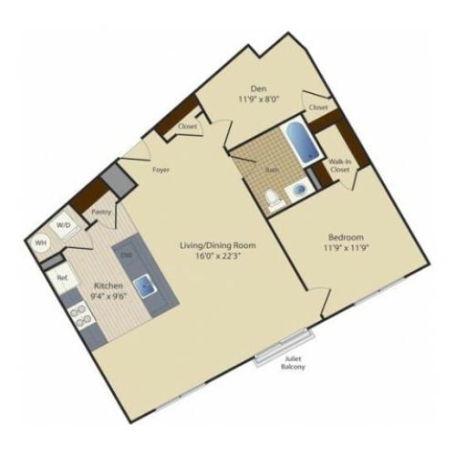 One Bedroom One Bath with Den (869 SF)