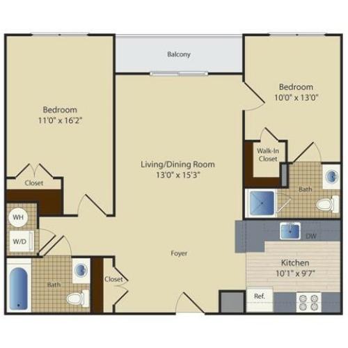 Two Bedroom Two Bath (953 SF)