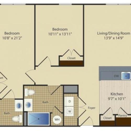 Two Bedroom Two Bath (984 SF)