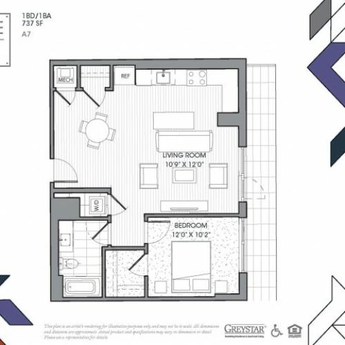 1 bed 1 bath | 737 SF