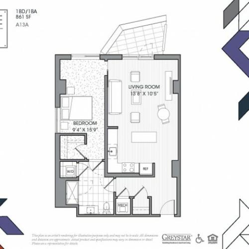A13A | 1 bed 1 bath | from 861 square feet
