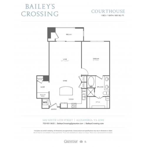 1 Bedroom 1 Bath (883 SF)
