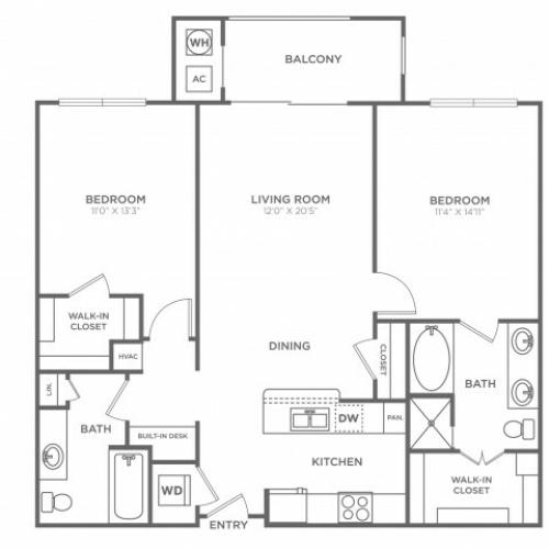 2 Bedroom 2 Bath (1,070 SF)