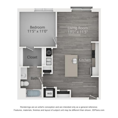 One Bedroom One Bathroom (713 SF)