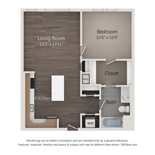 One Bedroom One Bathroom (720 SF)