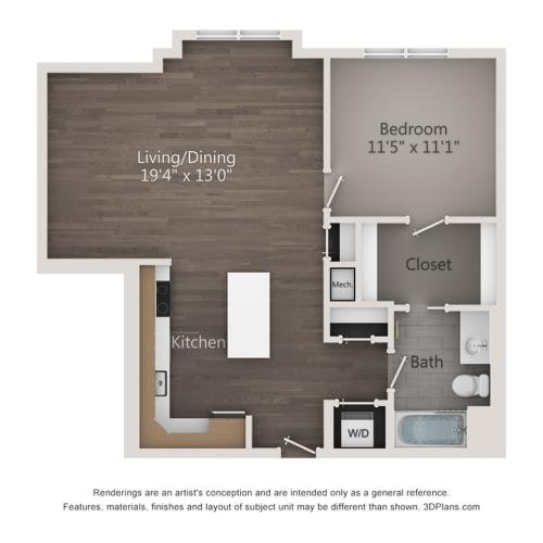 One Bedroom One Bathroom (809 SF)