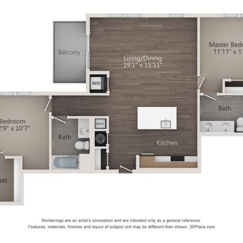 Two Bedroom Two Bathroom (1100 SF)