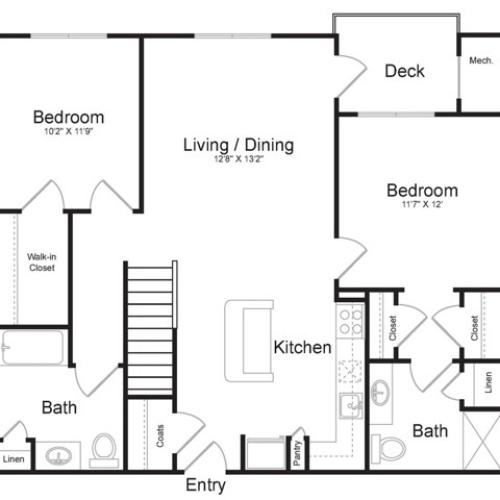 Two Bedroom Two Bath with Loft (1363 SF) | First Floor