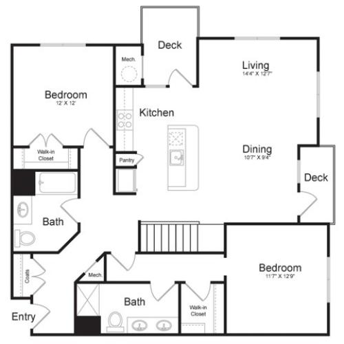 Two Bedroom Two Bath with Loft (1653 SF) | First Floor