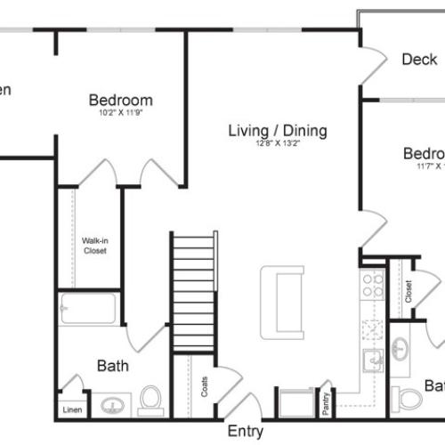 Two Bedroom Two Bath with Loft and Den (1435 SF) | First Floor