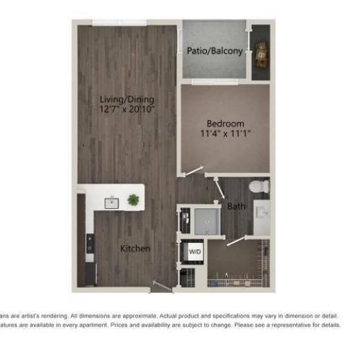 1 Bedroom 1 Bathroom 1B Floor Plan Image