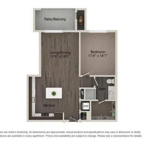 1 Bedroom 1 Bathroom 1C Floor Plan Image