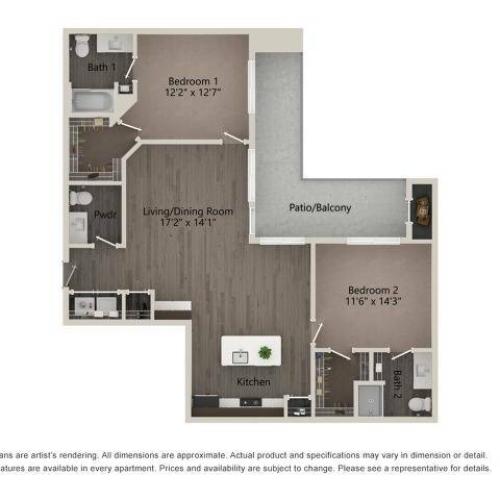 2 Bedroom 2 Bathroom 2B Floor Plan Image