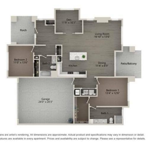 2 Bedroom 2 Bathroom 2C-Den Floor Plan Image