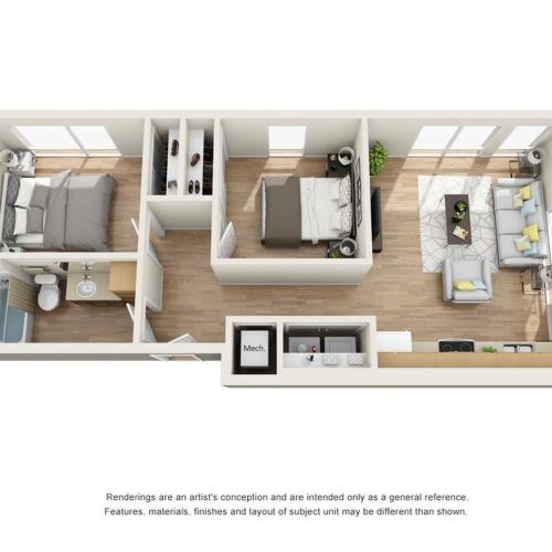 The 2 bedroom 1 bathroom C floor plan 750 square feet