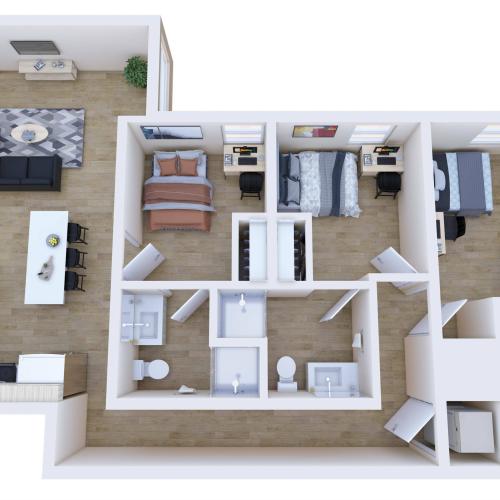3 bedroom 3 bathroom A floor plan 1,050 square feet