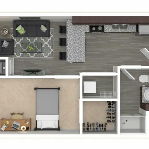 1 bed, 1 bath floorplan is 523 sq. ft.