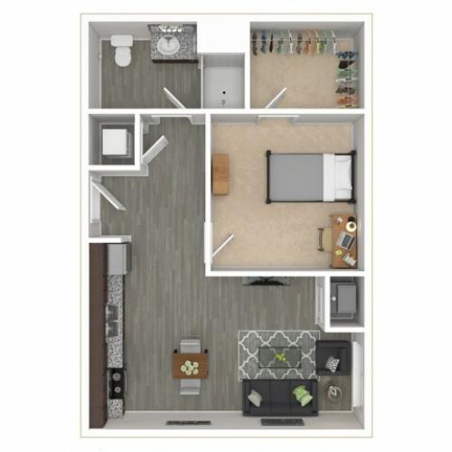 1 bed, 1 bath floorplan is 602 sq. ft.