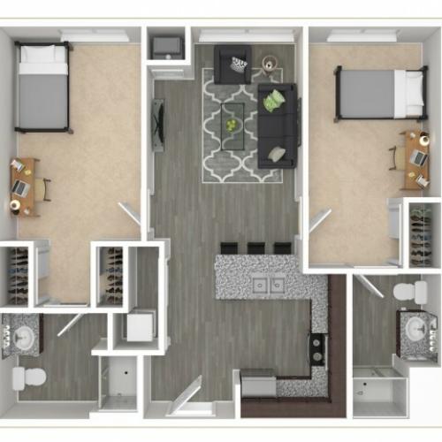 2 bed, 2 bath floorplan is 905 sq. ft.