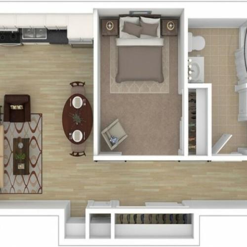 1 bed, 1 bath floor plan is 485 sq. ft.