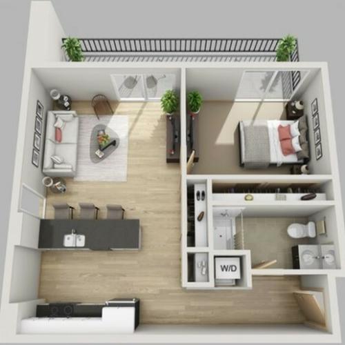 1 bed, 1 bath floor plan is 665 sq. ft.
