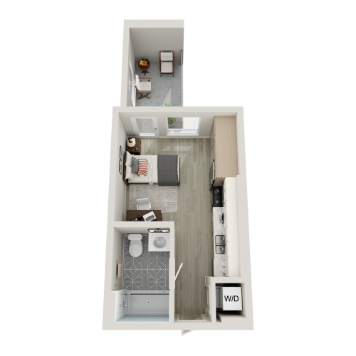 Studio floorplan with a bed, desk, kitchen, bathroom, outdoor patio, closet, and washer dryer.