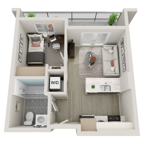 1 bedroom floorplan with a bed, desk, kitchen, bathroom, outdoor patio, closet, and washer dryer.