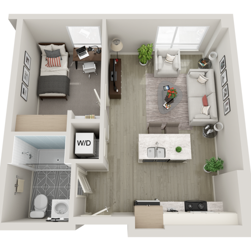 1 bedroom floorplan with a bed, desk, kitchen and island, full bathroom, closet, and washer dryer.