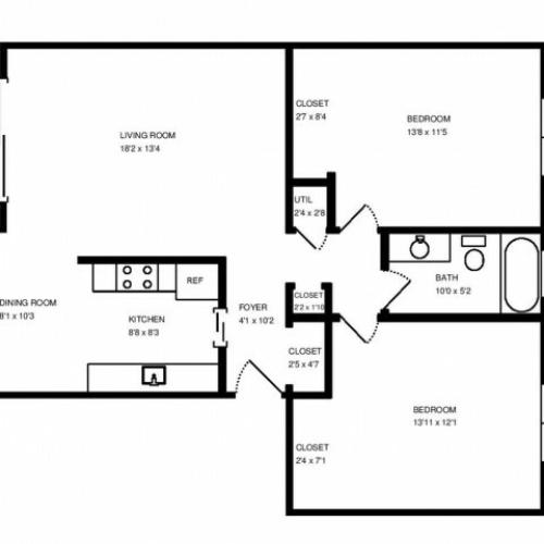 Two Bedroom One Bath 1,100 square feet