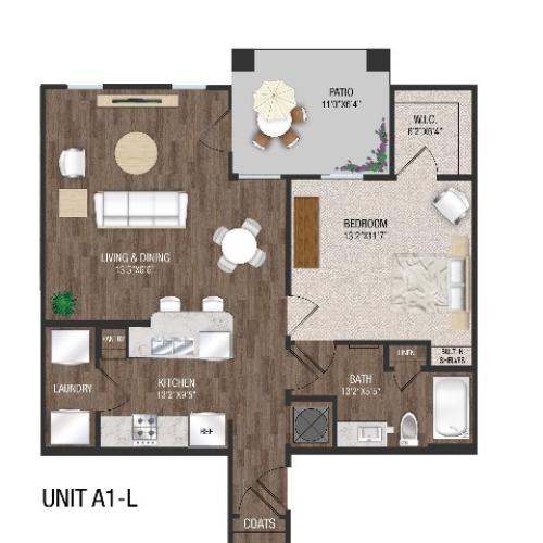 1 Bed 1 Bath with Attached Garage, 1st Floor - A1GL