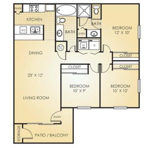 Three Bed, Two Bath, 1050 Square Feet