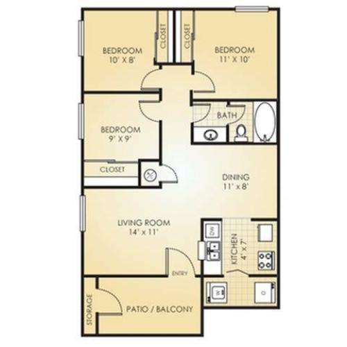 Three Bed, Two Bath, 950 Square Feet
