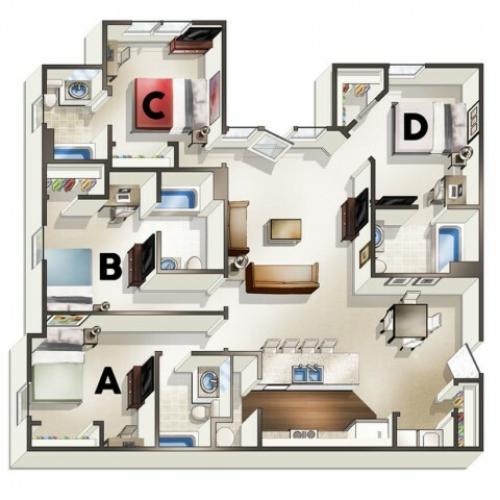 D1 Floor Plan | 4 Bedroom Floor Plan | The Quarters | Lafayette LA Student Apartments
