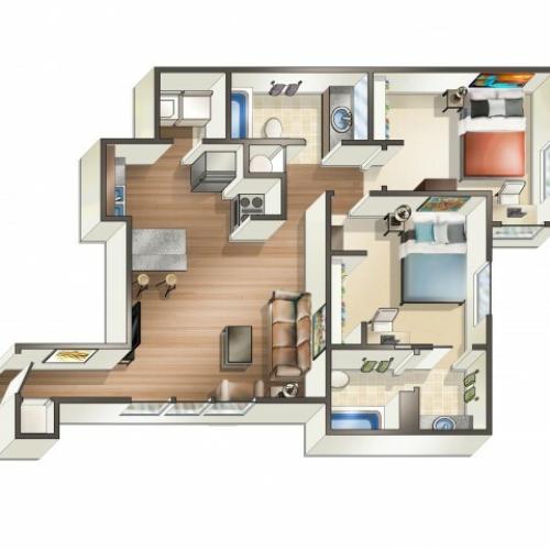 B1 Floor Plan | 2 Bedroom Floor Plan | Hawks Landing | Oxford Ohio Student Rentals
