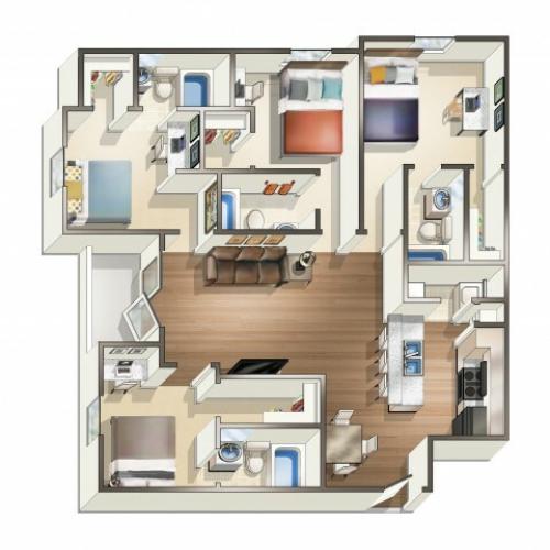 D1 - 4 Bedroom | Floor Plan 4 | Eagle Flatts | USM Off Campus Housing