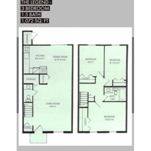 3BR 1.5 Bath 1072 Sq Ft