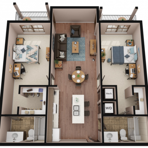 2 Bedroom, 2 Bath Large Blvd Floor Plan Layout