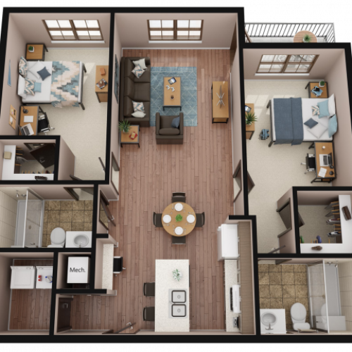 2 Bedroom, 2 Bath Large GB Floor Plan Layout