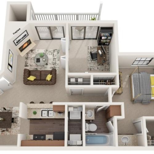 Two Bedroom | One Bathroom | 840 sqft | Patio/Balcony | Full Size Washer/Dryer Connections | Fireplace in Selected Units